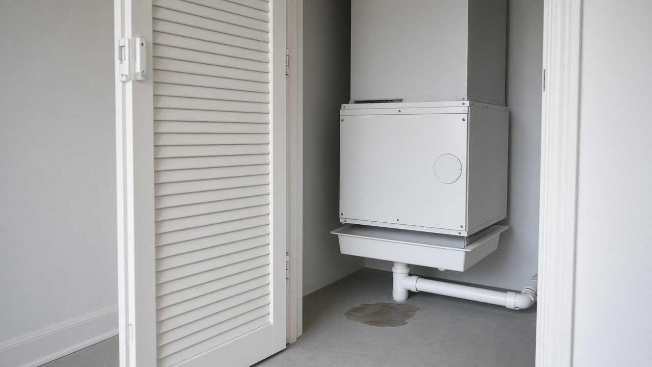 Condo hallway utility closet with an air handler, condensate pan, and faint floor stain