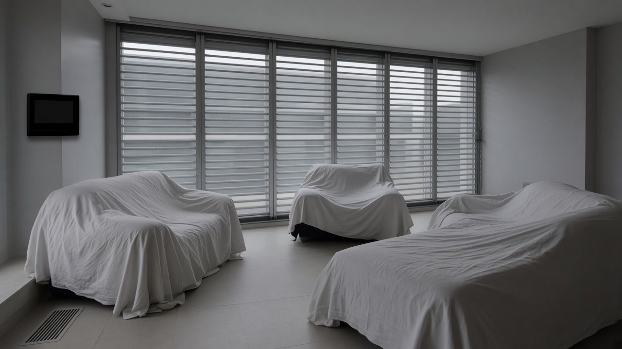 Closed-up condo living room with furniture under dust sheets and shutters drawn