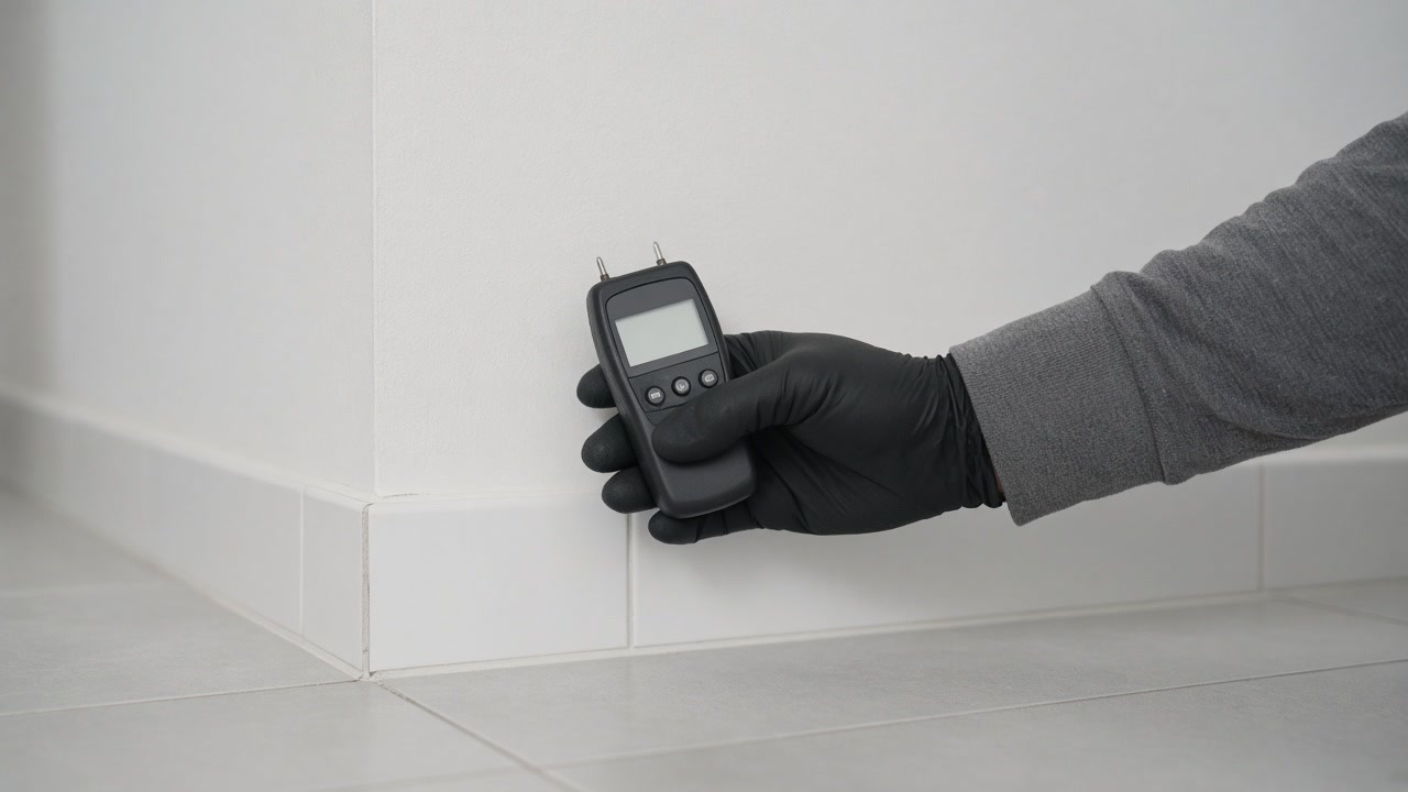 Gloved hand pressing a pin-type moisture meter against a wall just above a tile baseboard