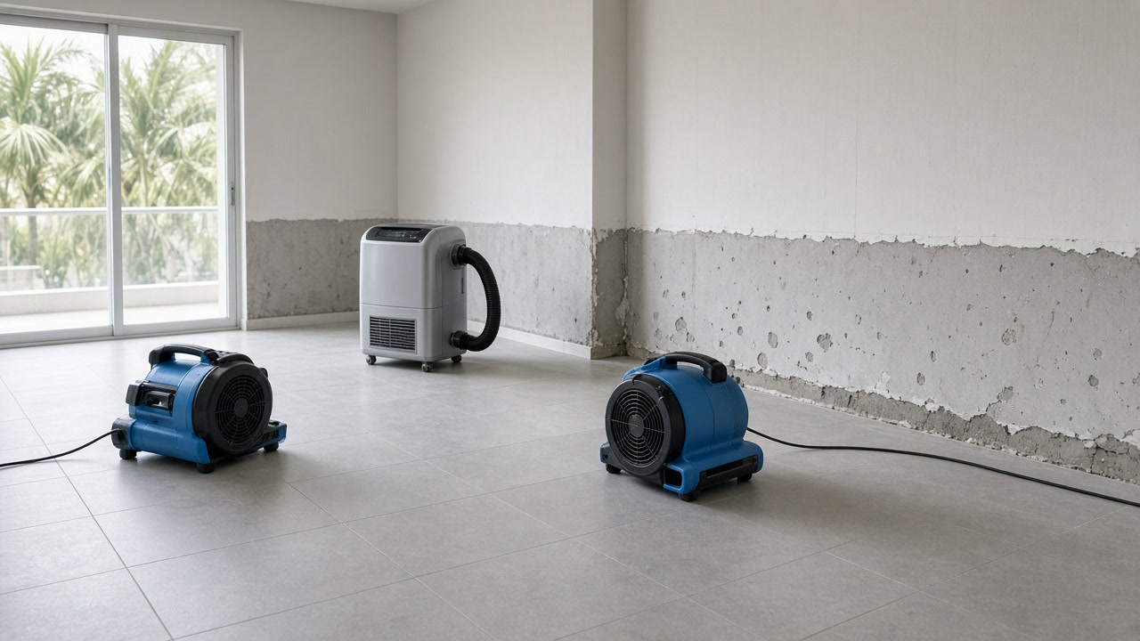 Two air movers and a dehumidifier on tile flooring with drywall cut back above the base